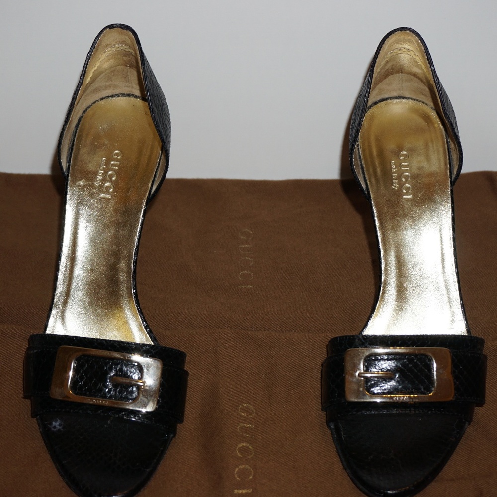 **Authentic** Gucci Black Python Leather Open Pump - image 3